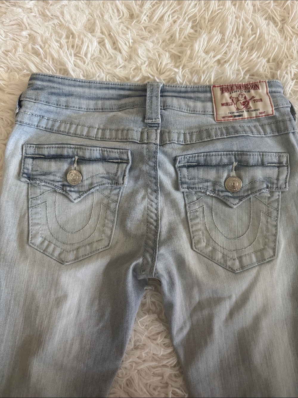 True Religion Women's Light Blue Skinny Jeans with Signature Pocket Flaps
